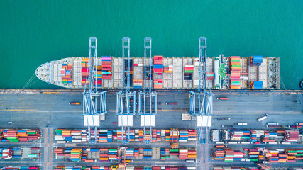 Aerial top view container cargo ship freight boat, Business import export logistic and...