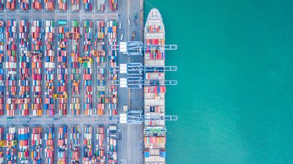 Aerial top view container cargo ship, Boat carrier business import export logistic and...