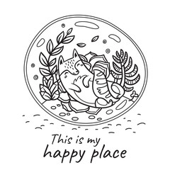 This is my happy place print. Glass terrarium with cute cat and garden in cartoon style. Contour vector illustration