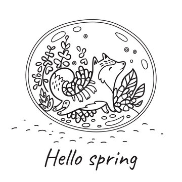 Hello spring postcard. Glass terrarium with cute cat and garden in cartoon style. Contour vector illustration
