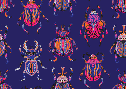 Seamless pattern with decorative ornamental beetles. Fantasy vector illustration