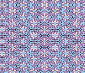 Pastel floral seamless lace pattern. Geometric soft purple blue mosaic background. Oriental ornament. Vector design template for invitations, greeting cards, textile, wallpapers, etc.