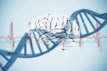 brain against blue medical background with dna and ecg