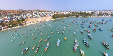 Top view. Aerial view fishing harbour market from drone. Royalty high quality free stock image of...