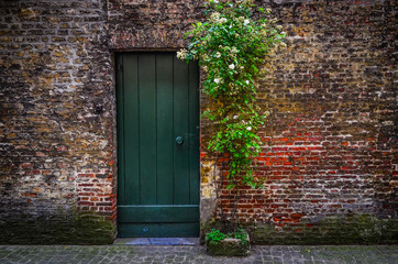 Old vintage brick wall with rusty door and flowers, Bruges