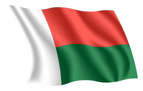 Madagascar flag. Isolated national flag of Madagascar. Waving flag of the Republic of Madagascar. Fluttering textile malagasy flag.