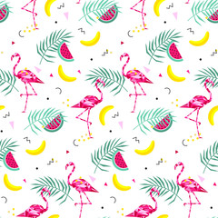 Tropical trendy seamless pattern with pink flamingos, and palm leaves. Summer, Exotic Hawaii art background, memphis style. Design for fabric, wallpaper, textile and decor.