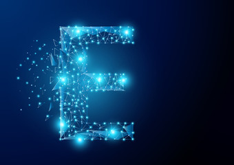 E alphabet Low poly science wireframe on dark background. Vector polygon image blue triangle glowing research future technology business form a star space, Lines, points 