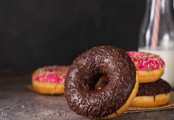 Donut. Sweet icing sugar food. Dessert colorful snack. Glazed sprinkles. Treat from delicious pastry breakfast. Bakery cake. Doughnut with frosting.
