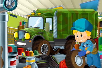 cartoon scene with garage mechanic working repearing some vehicle - military car - or cleaning work place - illustration for children