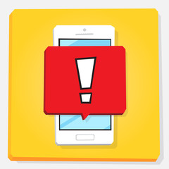 3d illustration of smartphone. Isometric flat design. Mobile phone window with notification about error above the screen. Exclamation mark on red background.