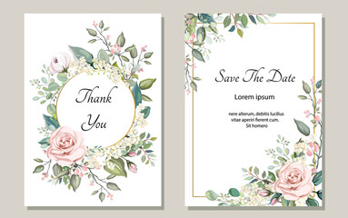Set of card with flower rose, leaves. Wedding ornament concept. Floral poster, invite. Vector decorative greeting card or invitation design background