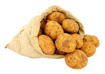 Fresh new potatoes in a brown paper bag isolated on a white background