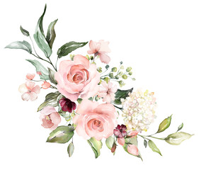  watercolor flowers. floral illustration, Leaf and buds. Botanic composition for wedding or greeting card.  branch of flowers - abstraction roses, hydrangea
