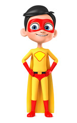 Cheerful little boy super hero in yellow suit isolated on white background. 3d render illustration.