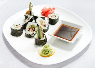 sushi with soy sauce
