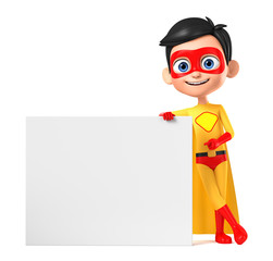 Cheerful boy super hero in a yellow suit leans against a blank board and shows a finger on a white background. 3d render illustration.