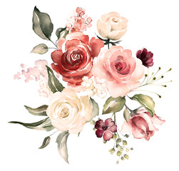  watercolor flowers. floral illustration, Leaf and buds. Botanic composition for wedding or greeting card.  branch of flowers - abstraction roses, hydrangea