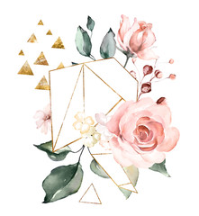  watercolor flowers. floral illustration, Leaf and buds. Botanic composition with geometric polygonal shape.  branch of flowers - abstraction roses
