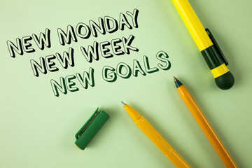 Word writing text New Monday New Week New Goals. Business concept for next week resolutions To do list Goals Targets written on Plain Green background Pens next to it.
