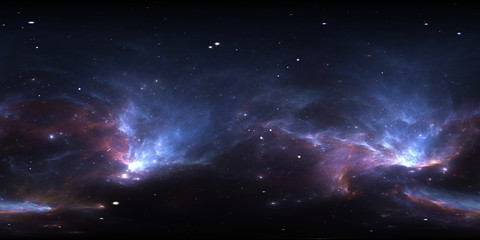 Fototapeta premium Panorama mgławicy w przestrzeni 360 stopni, projekcja w układzie prostokąta, mapa środowiska. Panorama sferyczna HDRI. Tło z mgławicy i gwiazd.