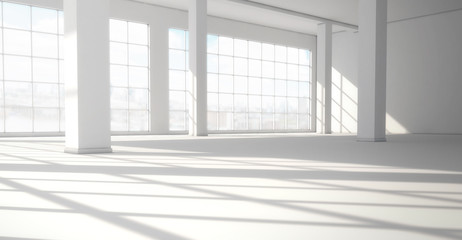 Fototapeta premium Empty modern bright interior with huge panoramic windows. 3d rendering