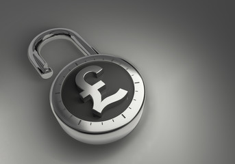 British Pounds Sterling that are unlocked, unprotected and unsecured as 3d rendering.  A combination lock is unlocked with a British Pound Sterling sign representing unsecured vulnerable money.
