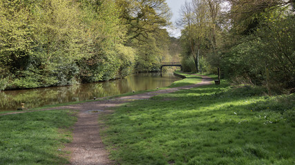 A peaceful relaxing image of a canal in the summer sunshine with a footbridge in the distance