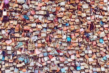 Thousands of love locks which sweethearts lock to the Hohenzollern Bridge to symbolize their love on August 26 in Koln, Germany