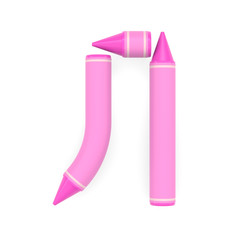 Pink wax crayon capital letter L or El of Cyrillic alphabet on white background, 3D rendered