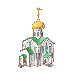 Hand drawn Russian orthodox church. Cult architecture. Religious object