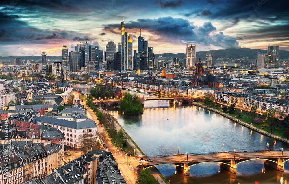 Wall mural Panoramic view of Frankfurt, Germany after sunset.