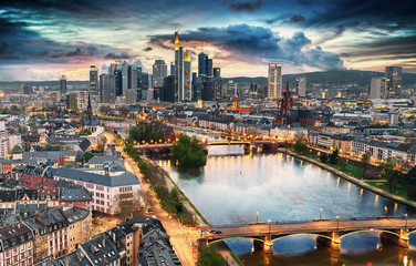 Fototapeta na wymiar Panoramic view of Frankfurt, Germany after sunset.