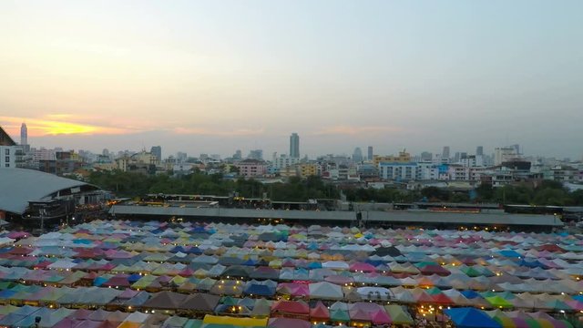 Ratchada Night Train market, Bangkok, Thailand - Circa February 2018: Colorful tents on a local market in bangkok at early afternoon
