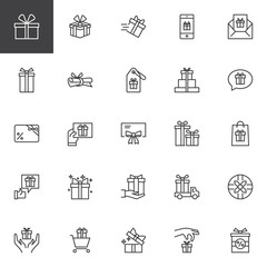 Gifts outline icons set. linear style symbols collection, line signs pack. vector graphics. Set includes icons as gift  box with ribbon, present, package, surprise, birthday, bow, christmas, shopping