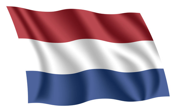 Netherlands flag. Isolated national flag of the Netherlands. Waving flag of the Kingdom of the Netherlands. Fluttering textile dutch flag.