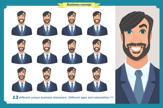 Set Of Male Facial Emotions.Face Expressions Of A Man.Flat Cartoon Character. Businessman In A Suit And Tie. Isolated Vector On White.