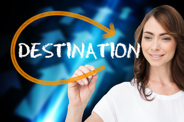 Businesswoman writing the word destination against blue arrows on black background