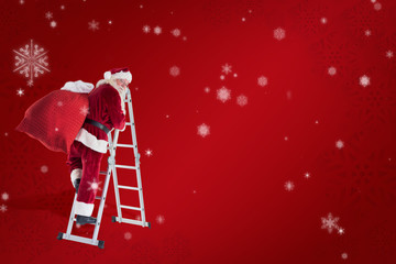 Santa steps up a ladder against red snowflake background
