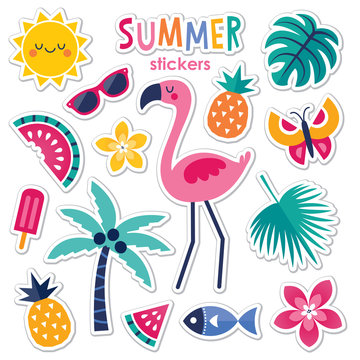 set of colorful summer stickers with pink flamingo
