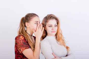 Obraz na płótnie Canvas Two beautiful young girls share gossip