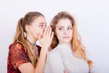 Two beautiful young girls share gossip