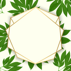 Geometric botanical vector design frame. Vector floral design card. Green peony leaves pattern. Gold line art. Vector garden illustration, Wedding Invitation
