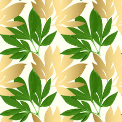 Natural botanical seamless pattern. Green and gold peony leaves on white background. Vector garden illustration.
