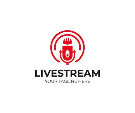 Air microphone and waves logo template. Live streaming vector design. Retro mic logotype