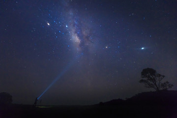 Man Pointing Flashlight Into the Milky Way. universe space shot of milky way galaxy with stars on a night sky background.