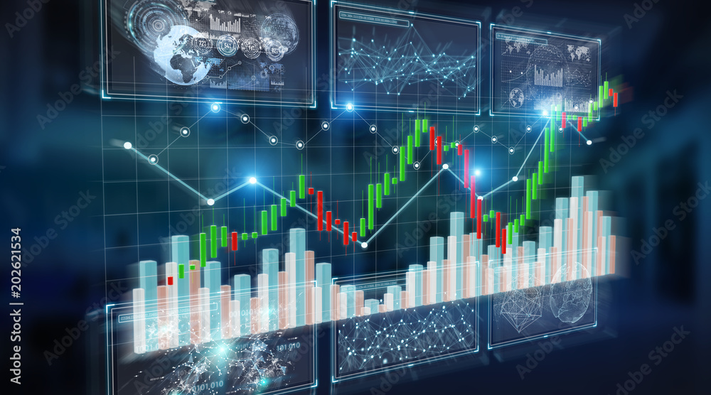 Poster 3D rendering stock exchange datas and charts illustration