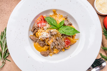 Pasta fettuccine with beef