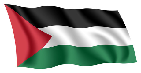 Palestine flag. Isolated national flag of Palestine. Waving flag of the State of Palestine. Fluttering textile palestinian flag.