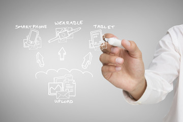 Businessman writing graphic against grey vignette